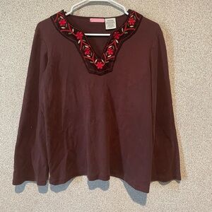 Embellished Brown Blouse with 3/4‎ Sleeves and Red Accents